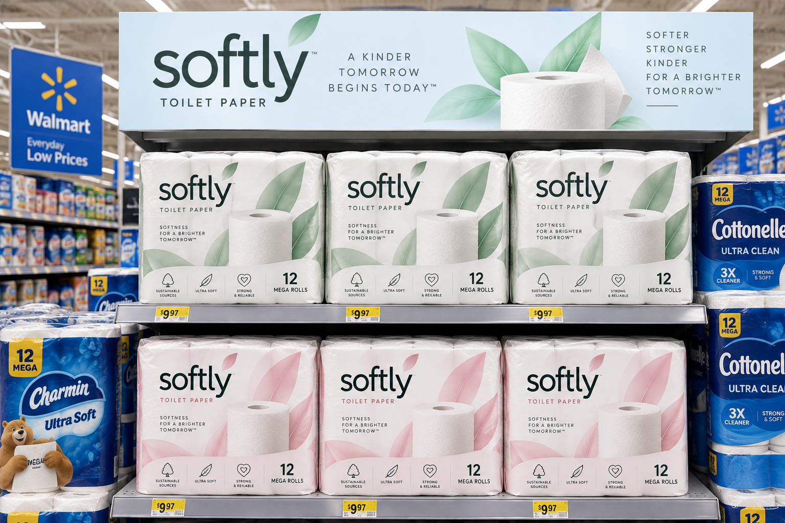Softly toilet paper on a store shelf, sage green and soft pink 12 mega roll packs beneath a pale blue Softly banner