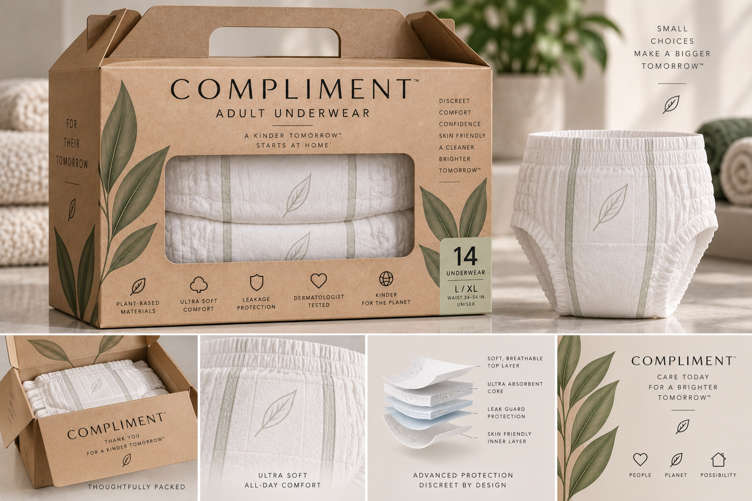 Compliment adult underwear kraft box with a leaf-marked garment and close-up detail panels