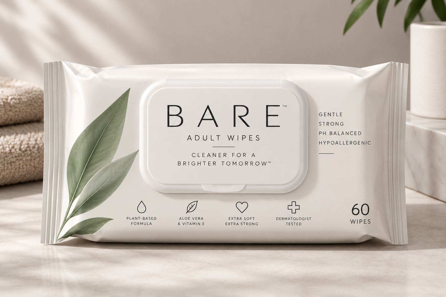 BARE adult wipes pack in white with sage green leaves on a marble surface