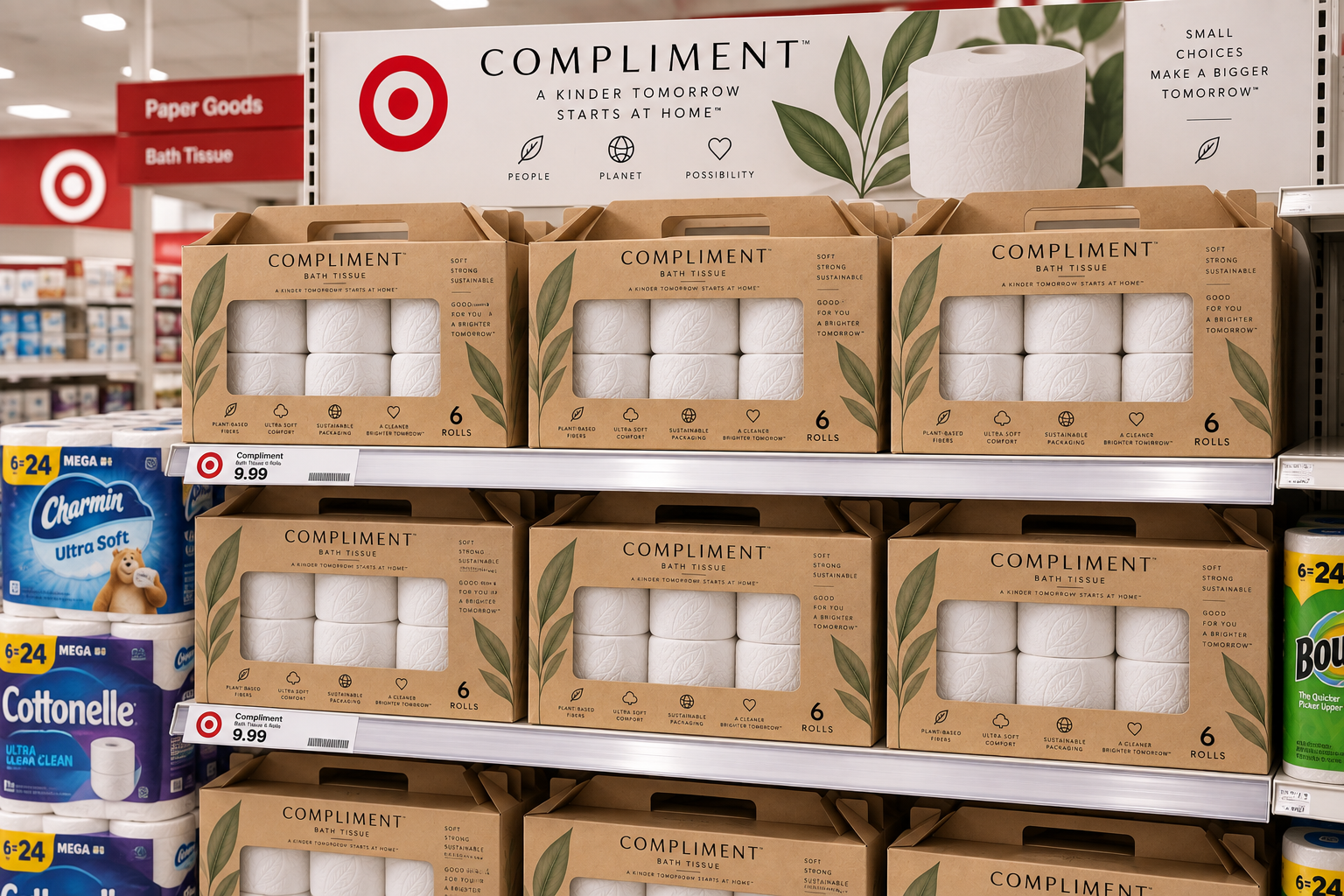 Compliment bath tissue kraft boxes stacked on a Target store shelf
