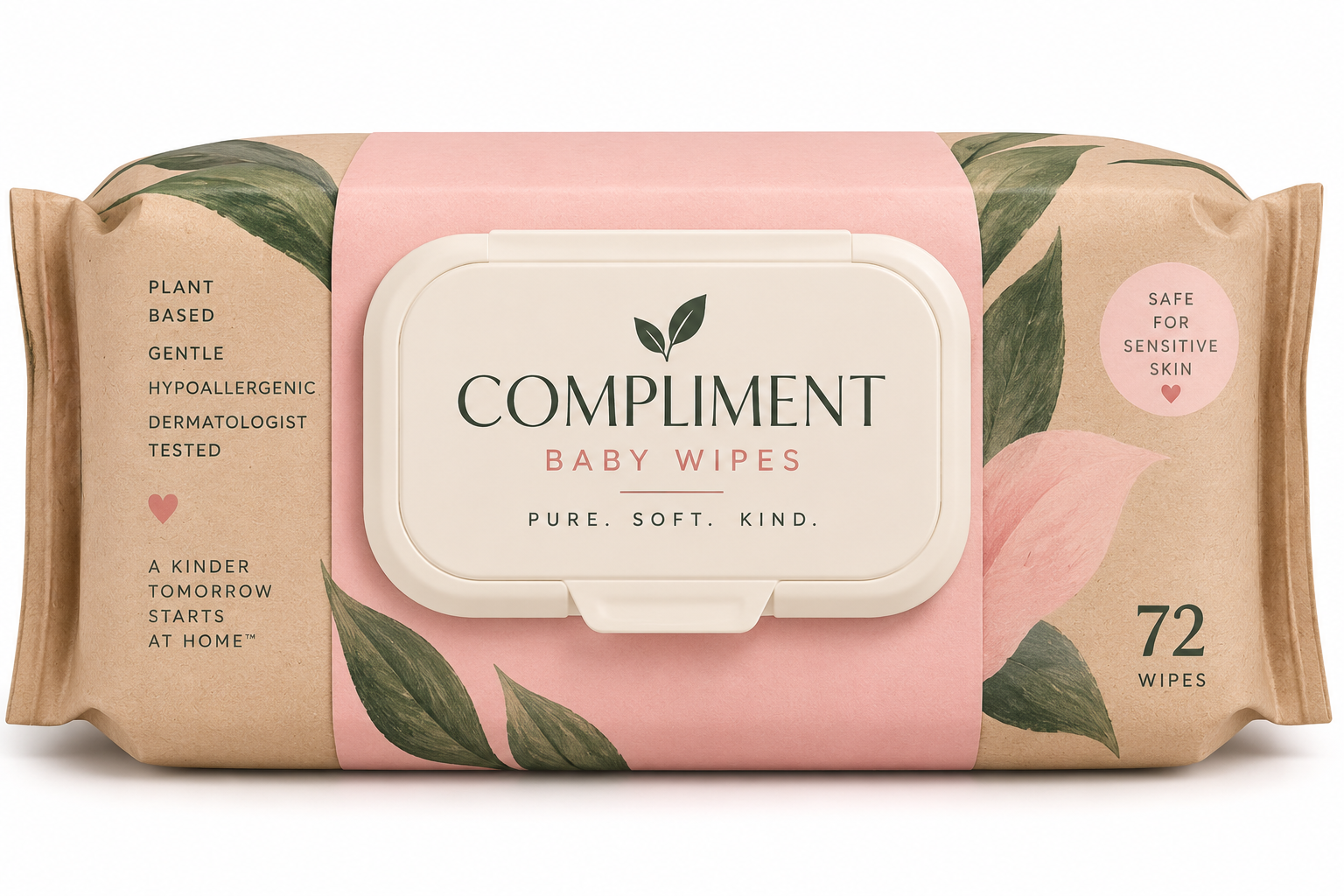 Compliment baby wipes kraft pack with a pink band, leaf artwork and 72 wipes count