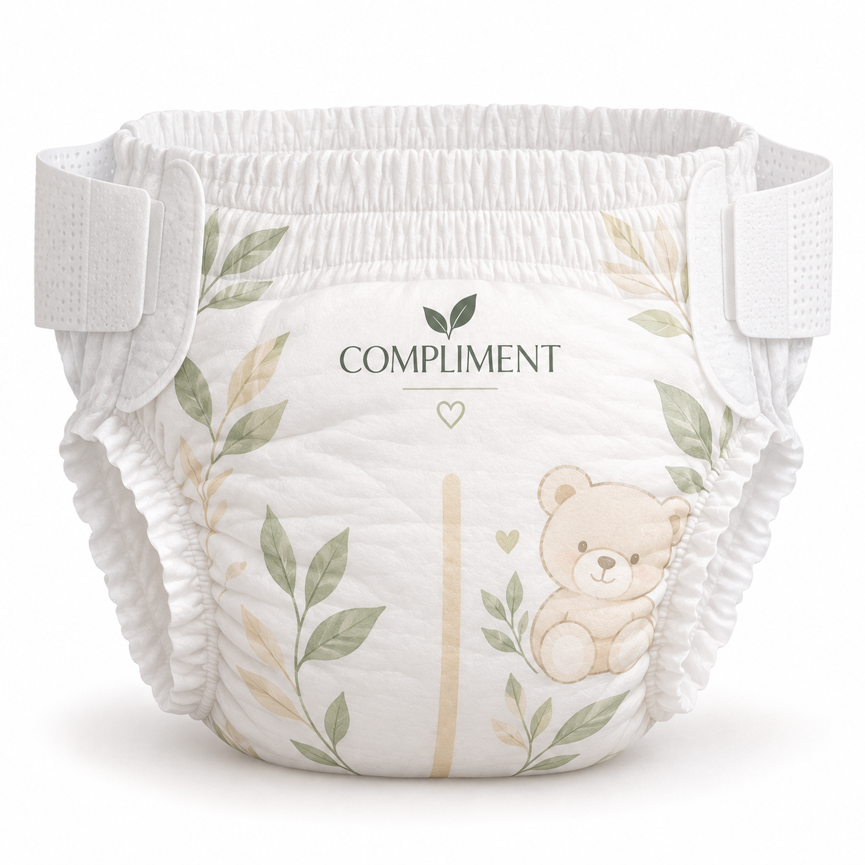 Compliment baby diaper close-up with sage leaves, a teddy bear and the Compliment leaf logo