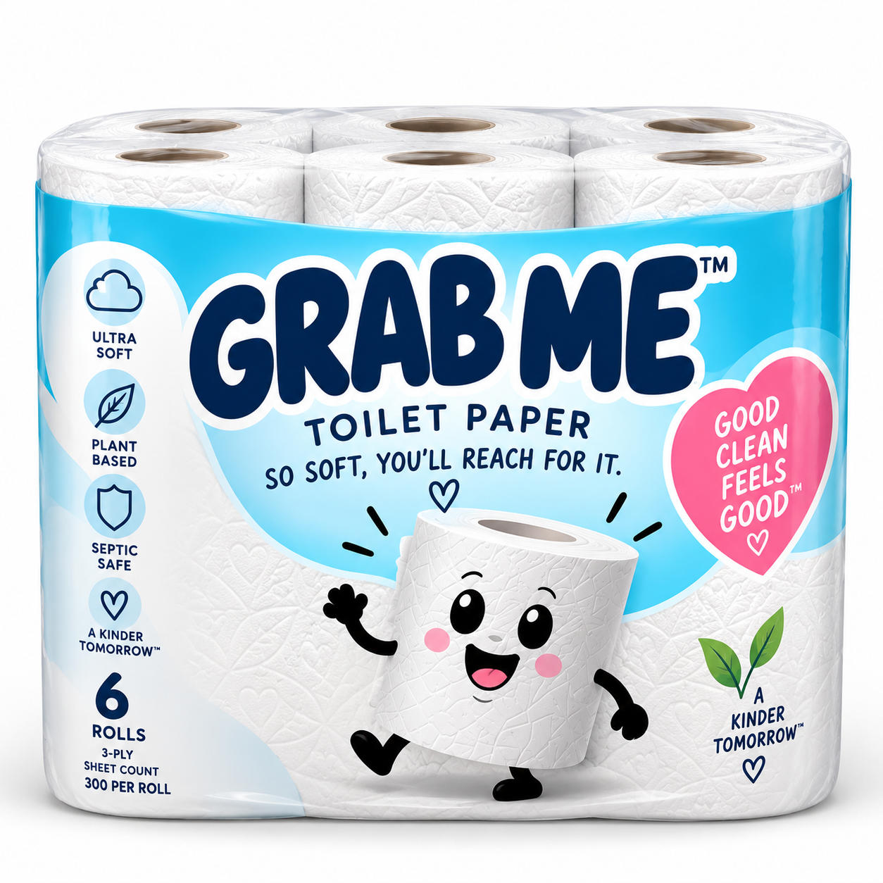 GRAB ME toilet paper 6-roll pack with a smiling roll character