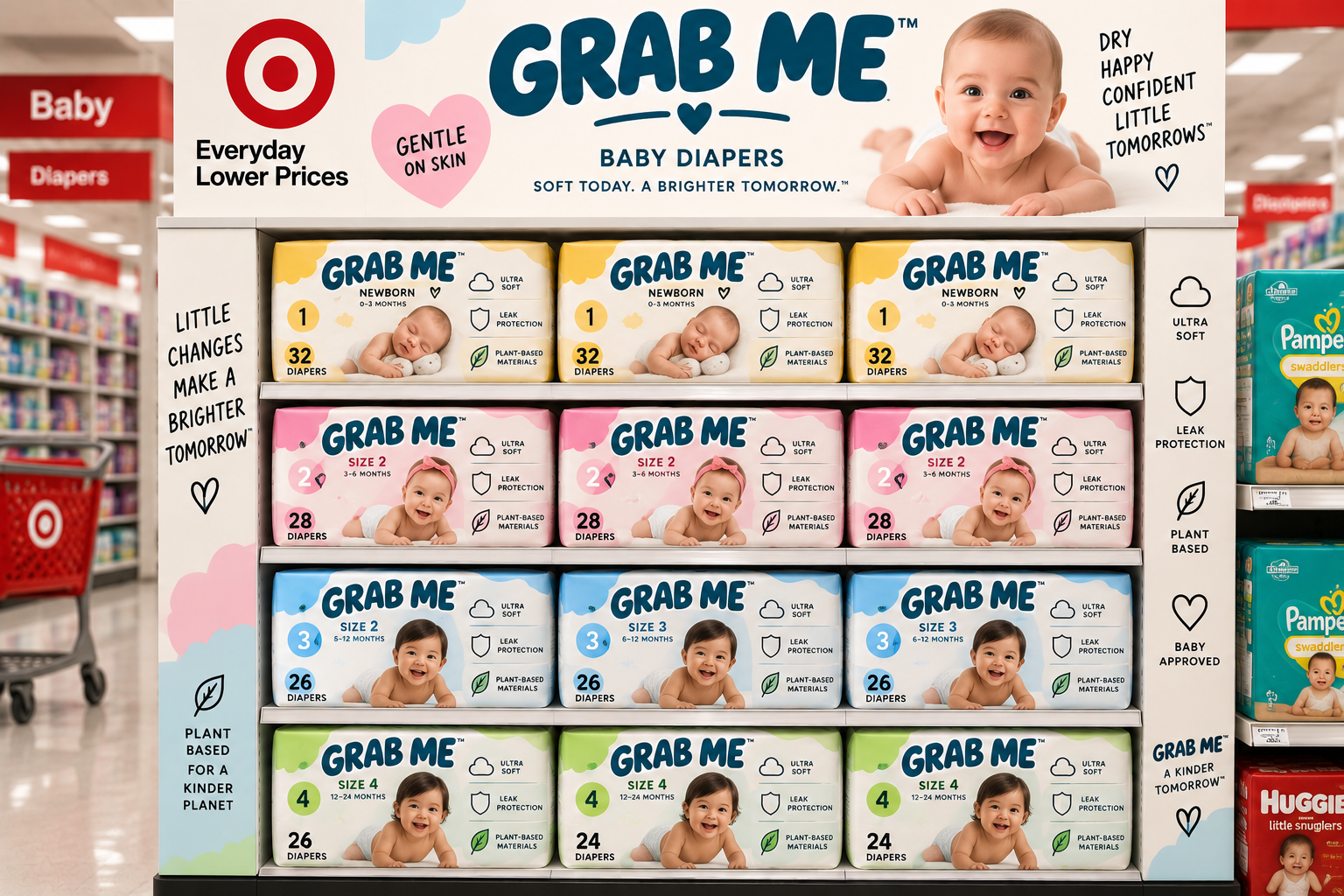 GRAB ME baby diaper display with newborn, size 2, size 3 and size 4 packs on shelves