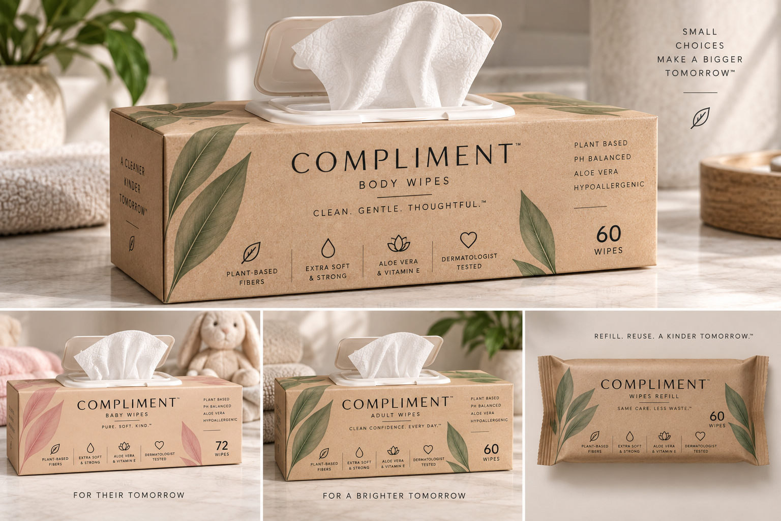 Compliment body wipes kraft box with sage leaf artwork, plus baby wipes, adult wipes and a refill pack