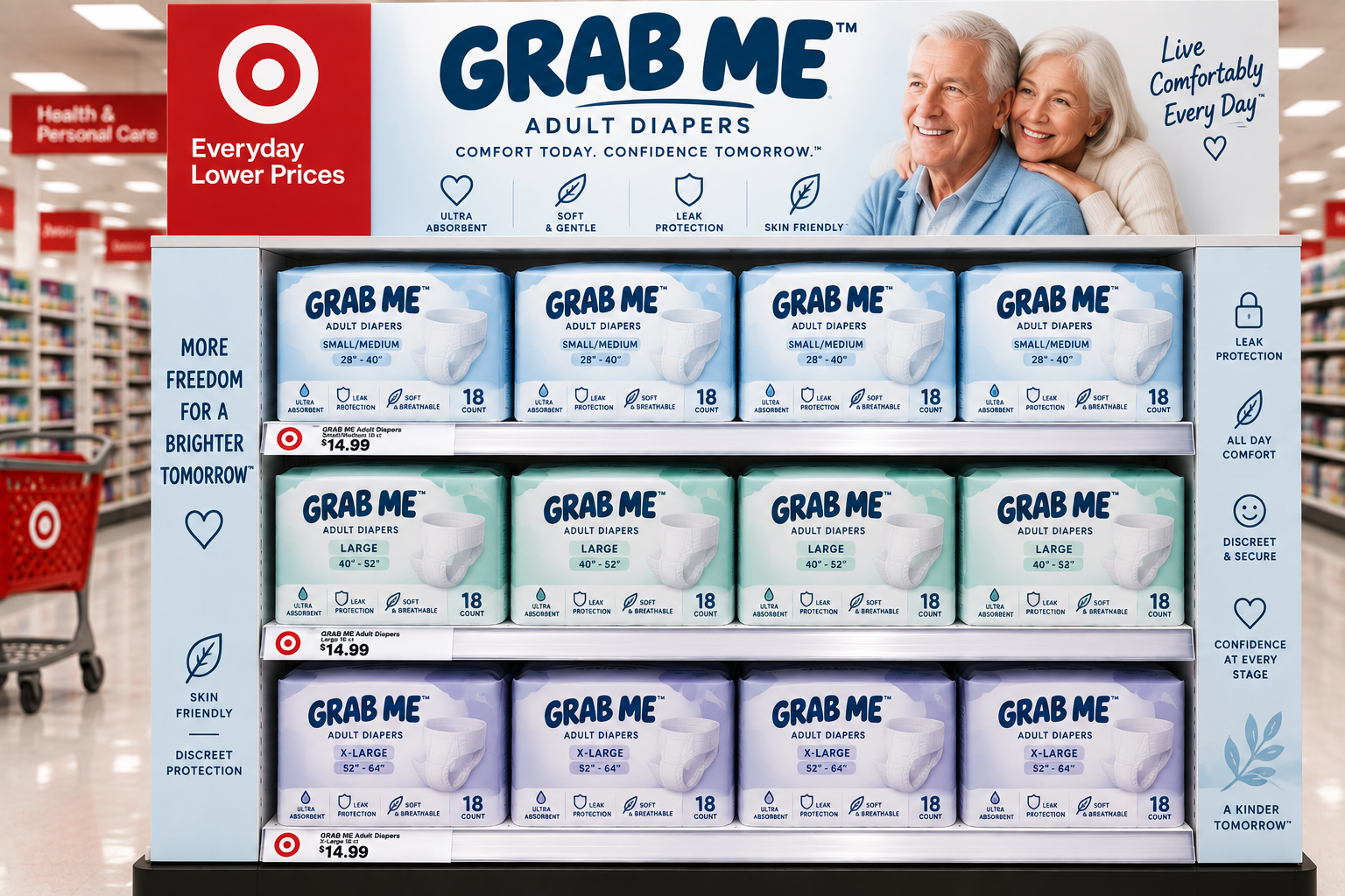 GRAB ME adult diapers on a Target shelf in small/medium, large and x-large sizes