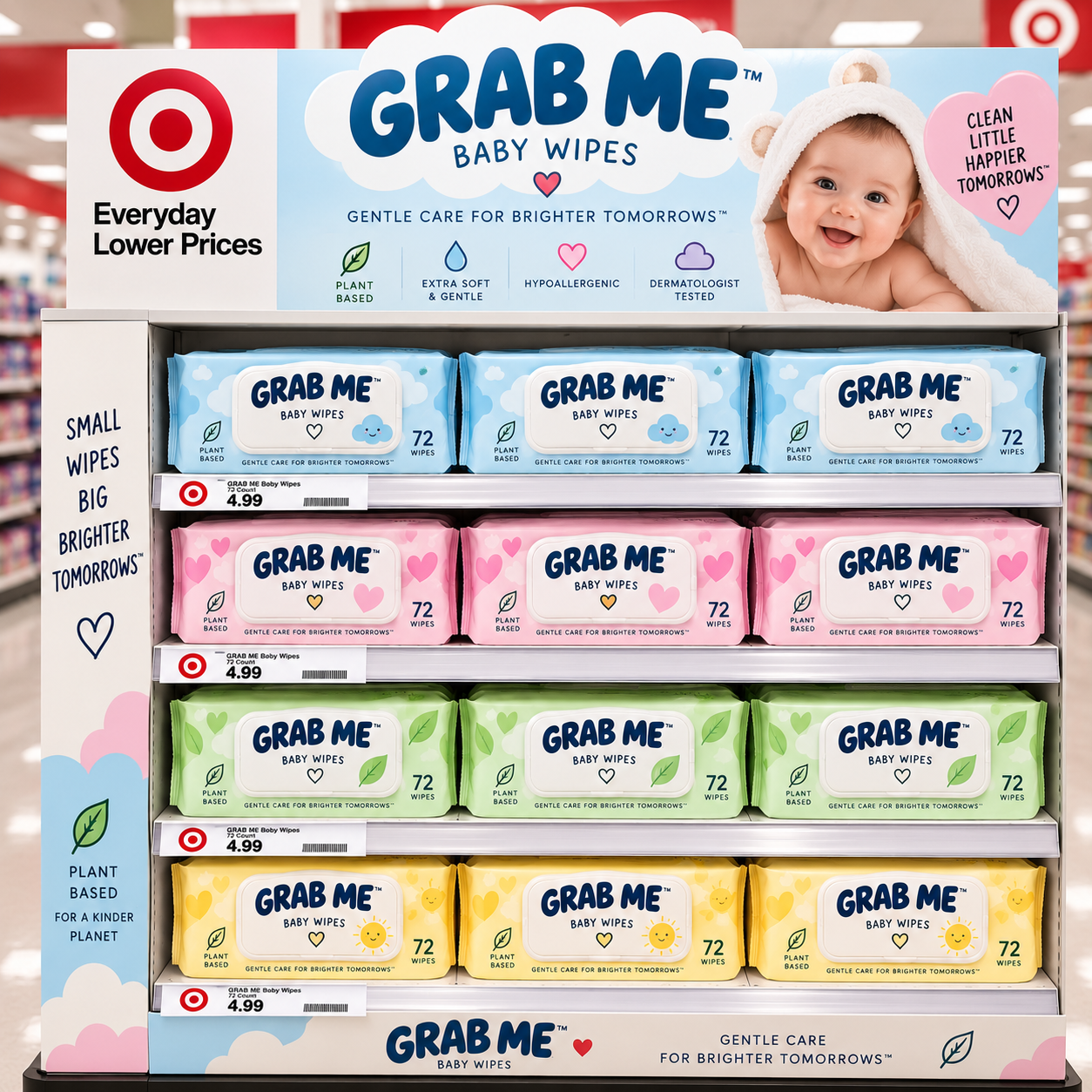 GRAB ME baby wipes display with blue, pink, green and yellow 72-count packs